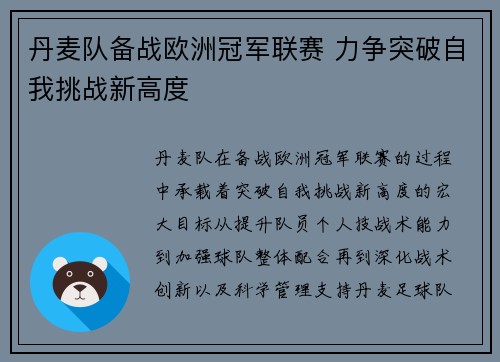 丹麦队备战欧洲冠军联赛 力争突破自我挑战新高度