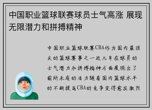 中国职业篮球联赛球员士气高涨 展现无限潜力和拼搏精神