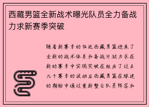 西藏男篮全新战术曝光队员全力备战力求新赛季突破