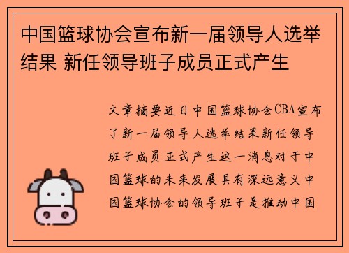 中国篮球协会宣布新一届领导人选举结果 新任领导班子成员正式产生