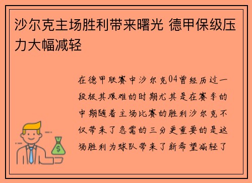 沙尔克主场胜利带来曙光 德甲保级压力大幅减轻