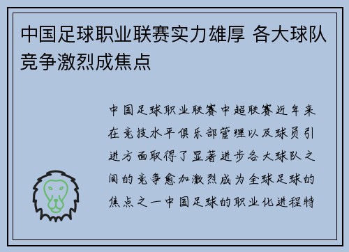 中国足球职业联赛实力雄厚 各大球队竞争激烈成焦点