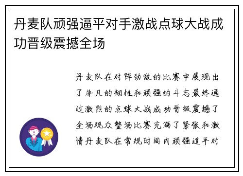 丹麦队顽强逼平对手激战点球大战成功晋级震撼全场